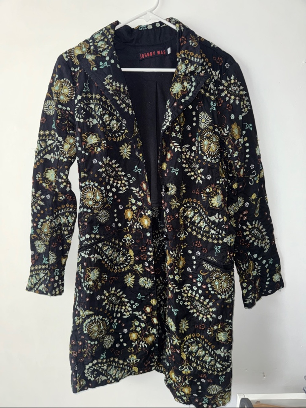Johnny Was Black Floral Paisley Long Trench Coat